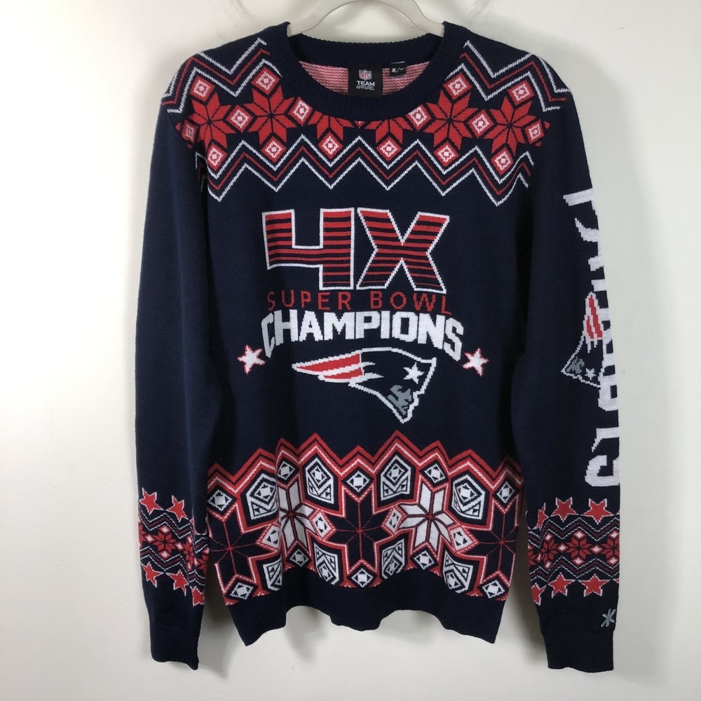 NFL New England Patriots 4X Champions Ugly Sweater Sz M Navy Red Football